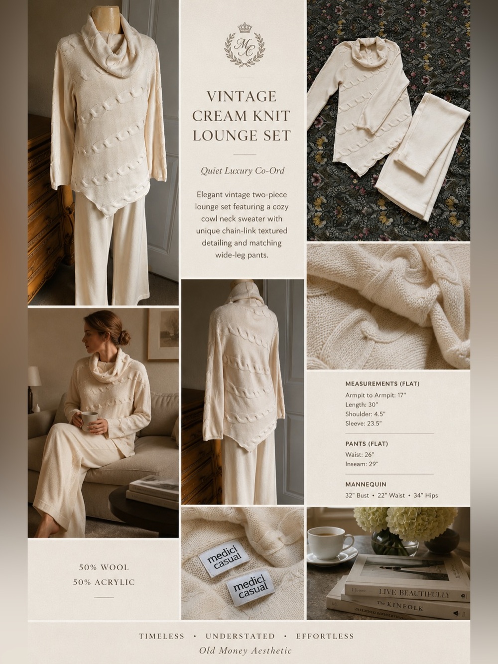Cream Wool Blend Knit Lounge Set S Cowl Neck Sweater Wide Leg Pants Quiet Luxury